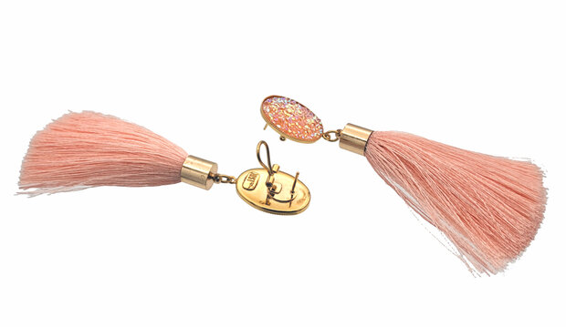 Ohrstecker, Cabochon schillernd mit baumelnder Viscose-Quaste pfirsich rosa