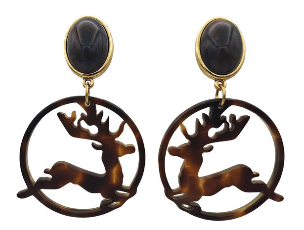  Ohrstecker Acryl-Cabochon funkelnd mit Laser-cut Ornament Hirsch gold-bronze