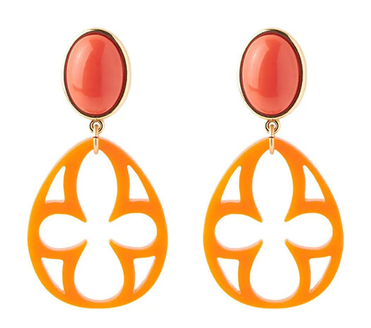  Ohrstecker Acryl-Cabochon koralle mit Laser-cut Ornament orange